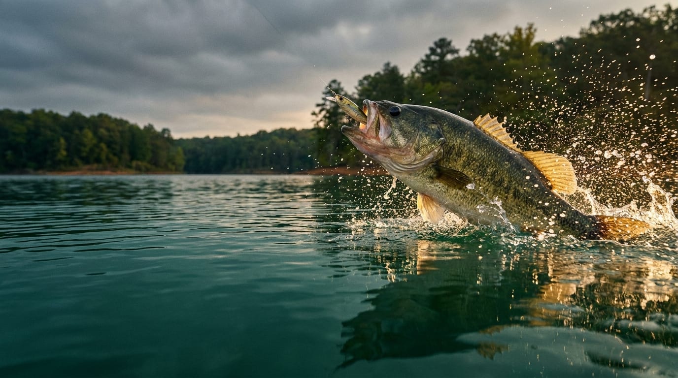 Largemouth bass striking a topwater lure at dawn
